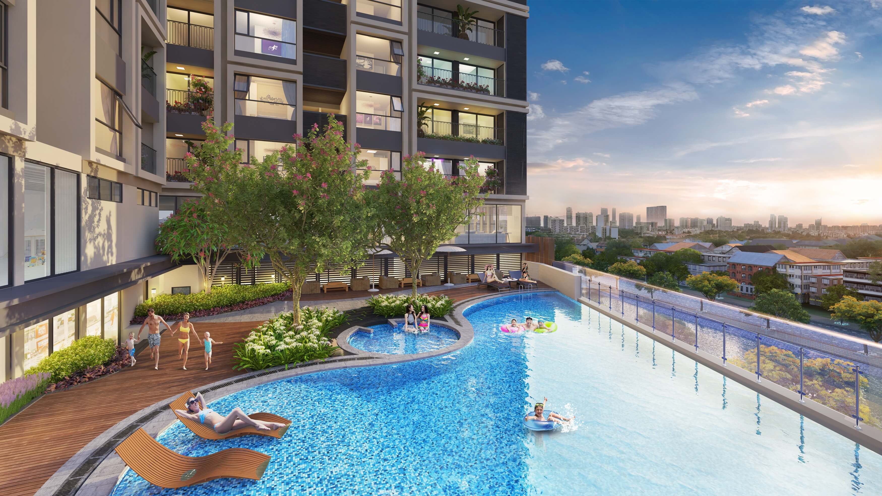 Chủ đầu tư Hinode City chấp nhận giảm diện tích xây dựng căn hộ  để thiết kế bể bơi vô cực tại tầng 4 các block nhà